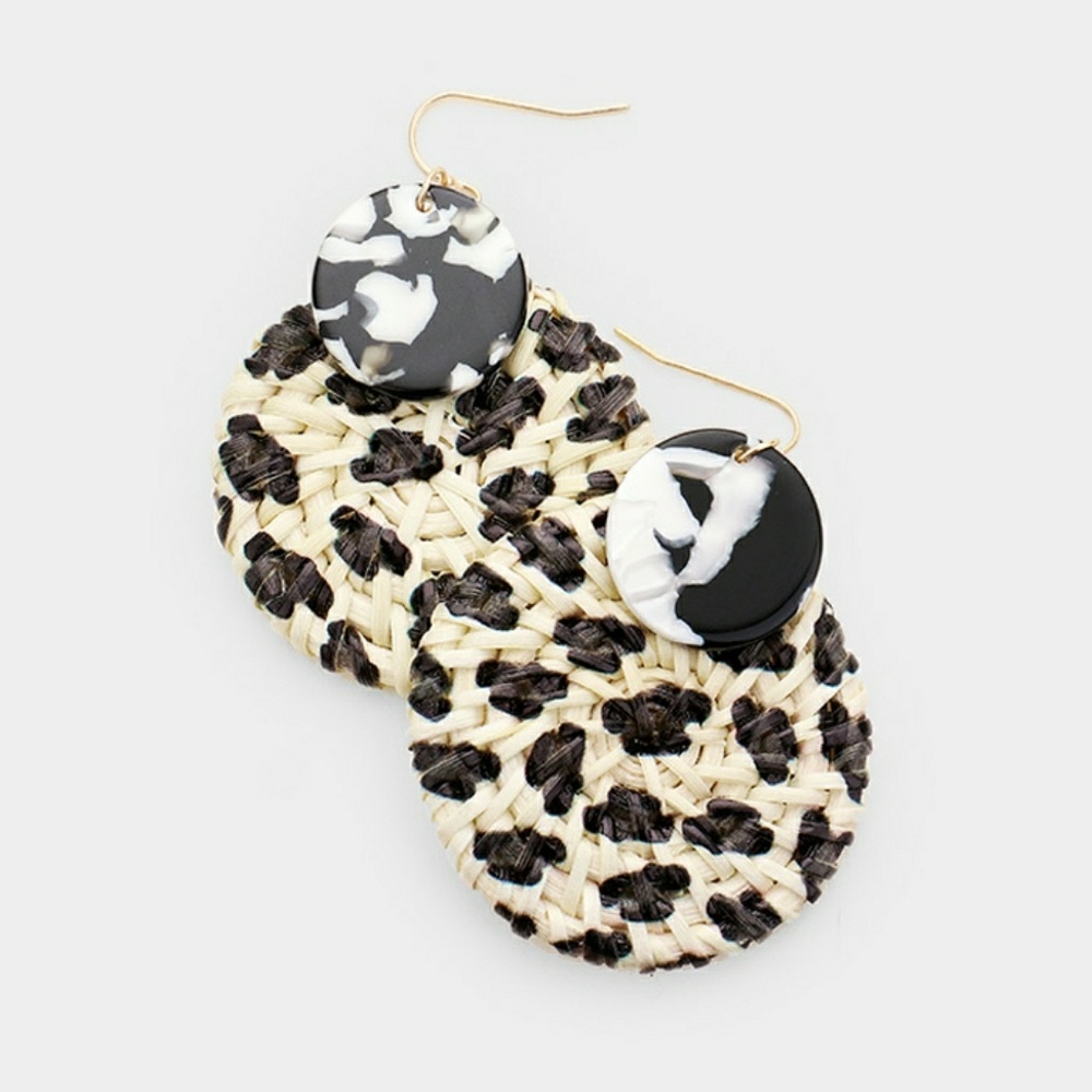 Leopard Print Woven Straw Round Earrings
